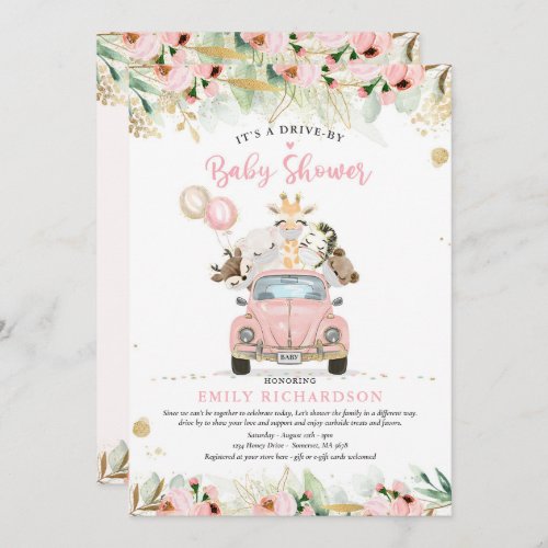 Greenery Gold Safari Animals Drive By Baby Shower Invitation