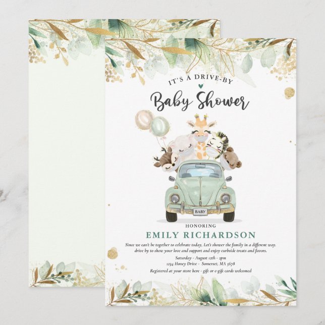 Greenery Gold Safari Animals Drive By Baby Shower Invitation (Front/Back)