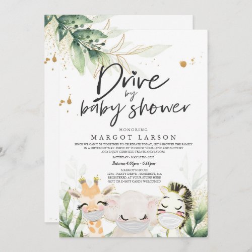 Greenery Gold Safari Animals Drive By Baby Shower Invitation