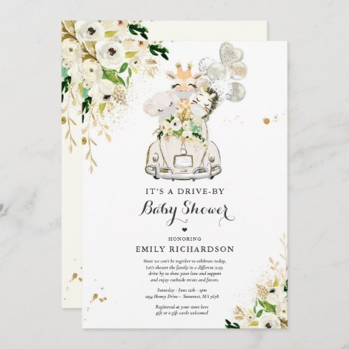 Greenery Gold Safari Animals Drive By Baby Shower Invitation