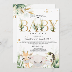 Greenery Gold Safari Animals Drive By Baby Shower Invitation