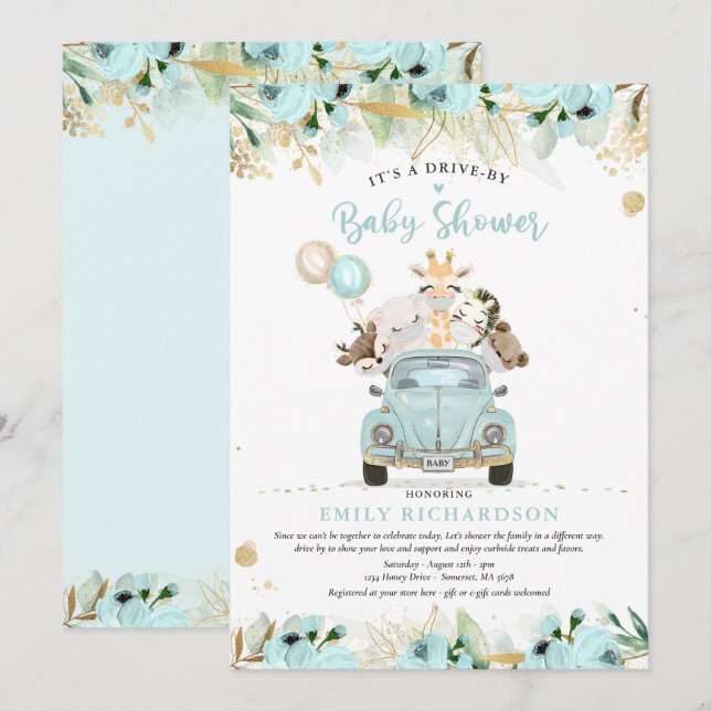 Greenery Gold Safari Animals Drive By Baby Shower Invitation (Front/Back)