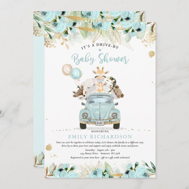 Greenery Gold Safari Animals Drive By Baby Shower Invitation (Front/Back)