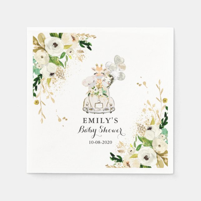 Greenery Gold Safari Animals Drive By Baby Shower Napkins (Front)