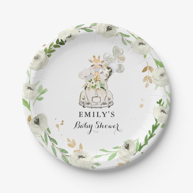 Greenery Gold Safari Animals Drive By Baby Shower Paper Plates (Front)