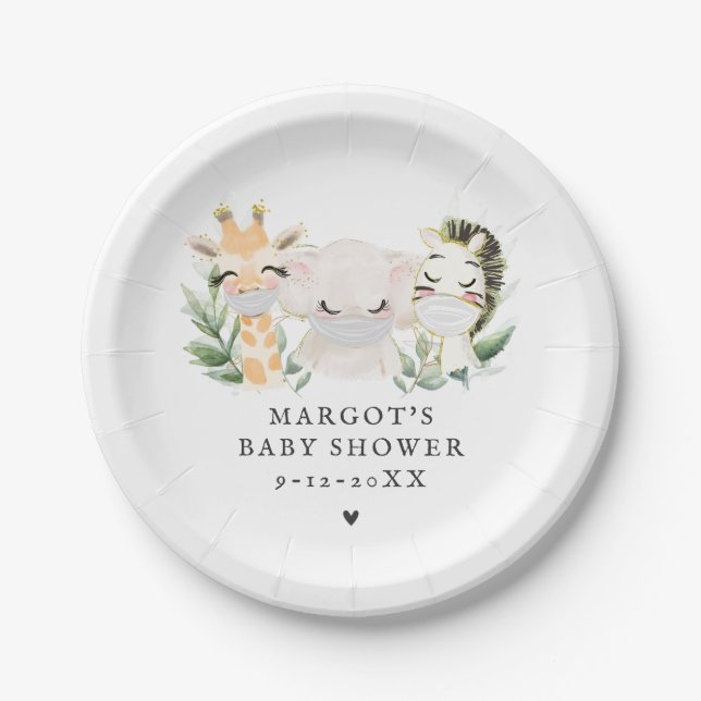 Greenery Gold Safari Animals Drive By Baby Shower Paper Plates (Front)