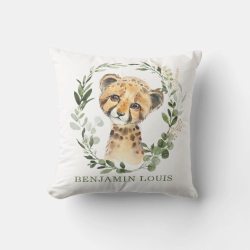 Greenery Gold Safari Cheetah Baby Boy Nursery Throw Pillow