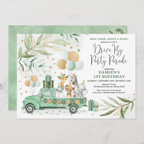 Greenery Gold Safari Drive By Birthday Parade Invitation