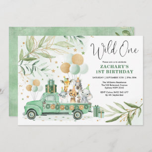 Greenery Gold Safari Wild Animals 1st Birthday Invitation