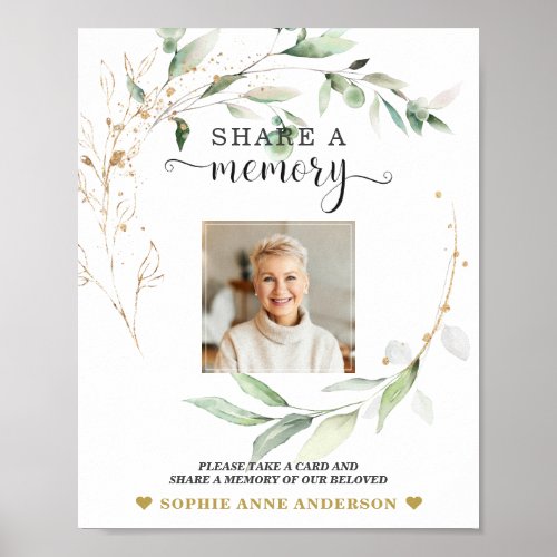 Greenery Gold Share a Memory Funeral Card Sign