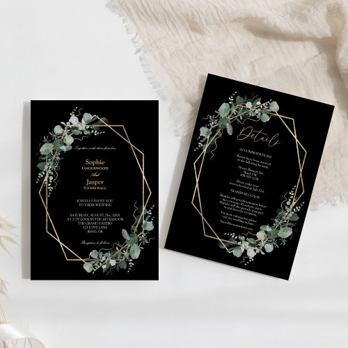 Greenery Gold Simple Black All In One Wedding Invitation