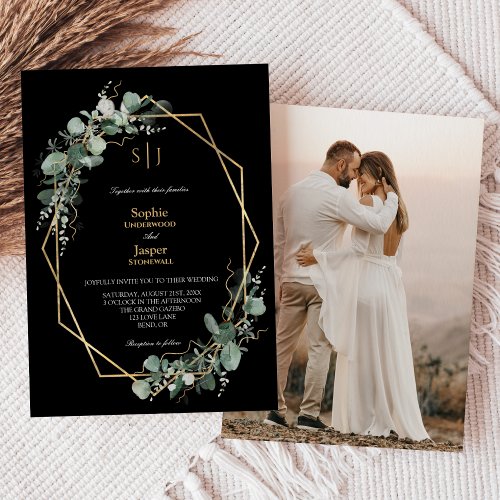 Greenery Gold Simple Black Monogram Photo Wedding Invitation