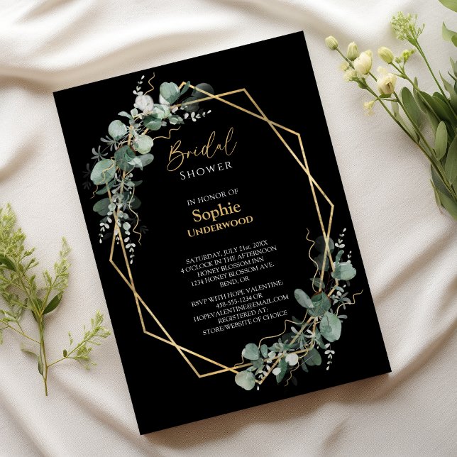 Greenery Gold Simple Black Wedding Bridal Shower Invitation (Creator Uploaded)