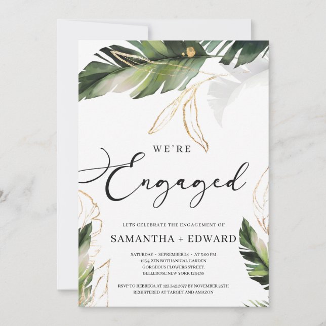 Greenery gold tropical leaves summer engagement invitation (Front)