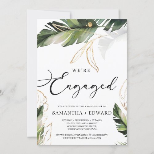 Greenery gold tropical leaves summer engagement invitation