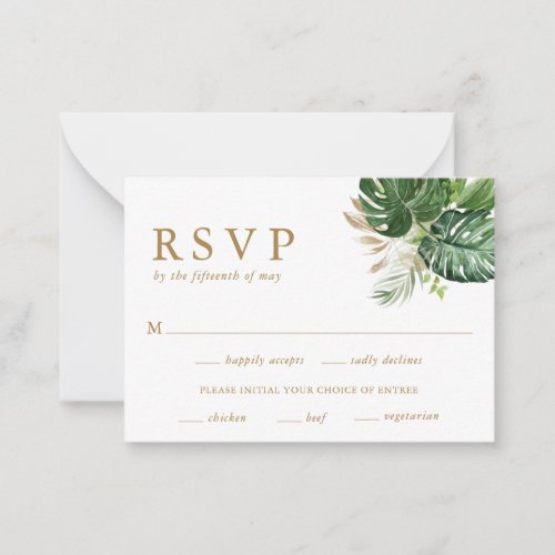 Greenery Gold Tropical Wedding Mini RSVP Card