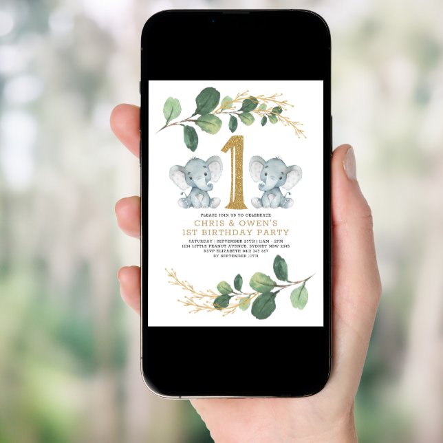 Greenery Gold Twin Elephant 1st Birthday Wild One Invitation (Front Digital)