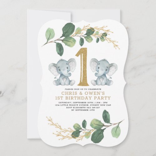 Greenery Gold Twin Elephant 1st Birthday Wild One Invitation