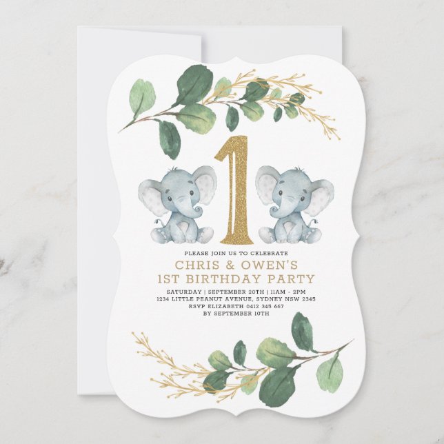 Greenery Gold Twin Elephant 1st Birthday Wild One Invitation (Front)