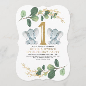 Greenery Gold Twin Elephant 1st Birthday Wild One Invitation