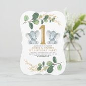 Greenery Gold Twin Elephant 1st Birthday Wild One Invitation (Standing Front)