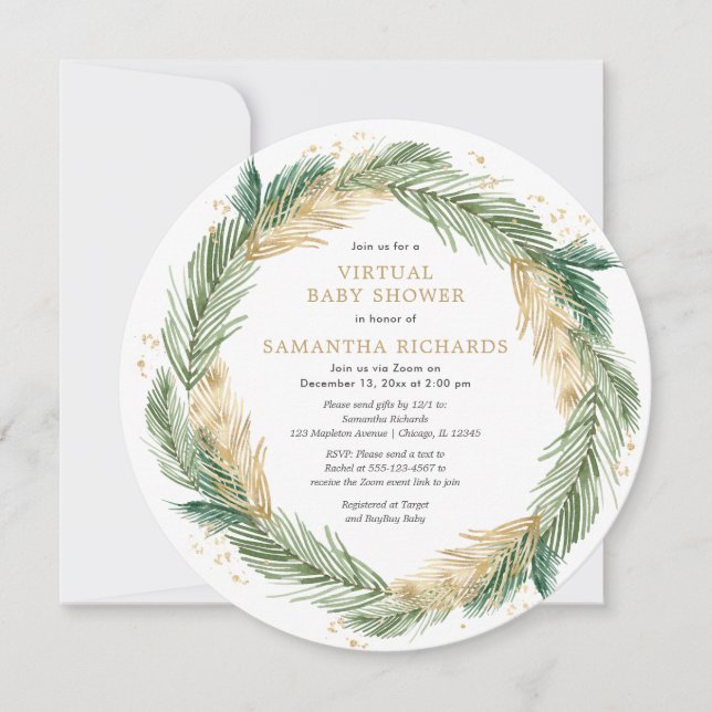 Greenery gold Virtual Baby Shower Winter Invitation (Front)