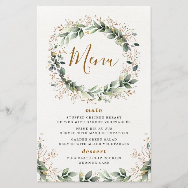 Greenery Gold Watercolor Leaf Wedding Menu Cards (Front)