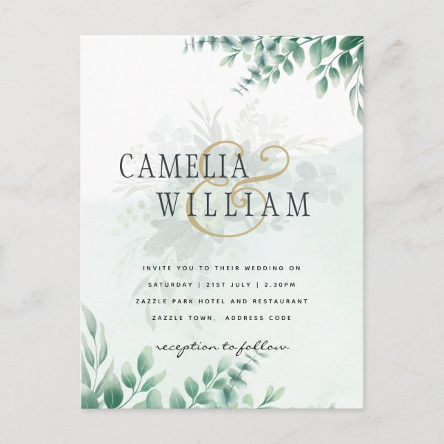 Greenery Gold Wedding Eucalyptus Leaves QR CODE Postcard (Front)