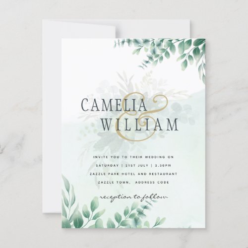 Greenery Gold Wedding Eucalyptus Leaves QR CODE Postcard