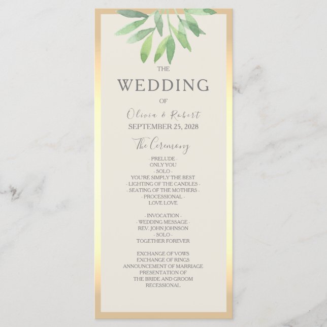 Greenery Gold Wedding Program Card (Front)