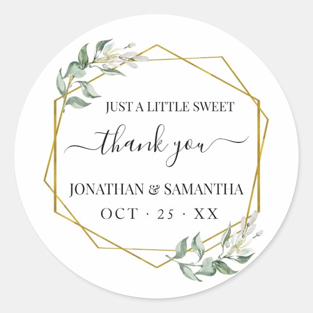 Greenery gold wedding thank you classic round sticker (Front)