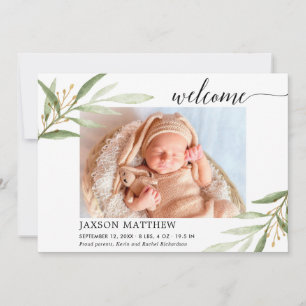 Greenery gold welcome baby birth announcement