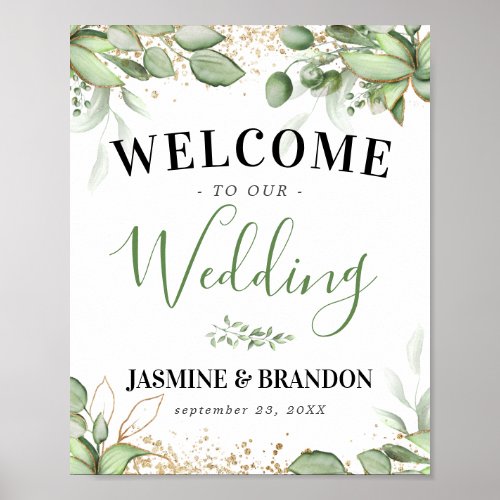Greenery Gold Welcome Wedding Template Poster - Elegant greenery welcome wedding poster featuring a classic white background, elegant lush green botanical foliage, gold accents, and a modern wedding text template that is easy to personalize.