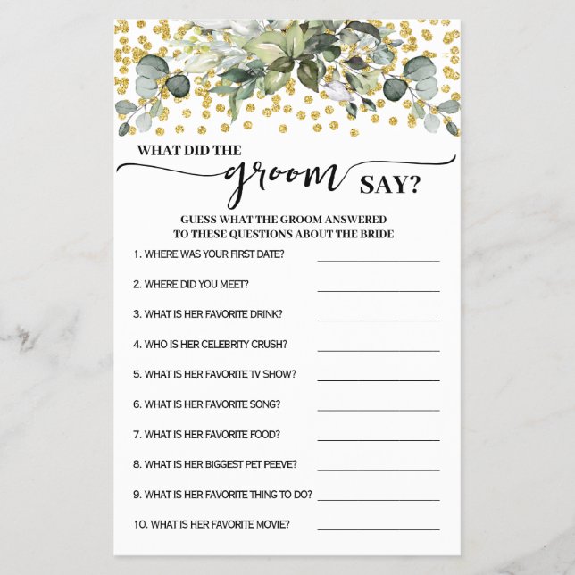 Greenery Gold What did Groom Say Shower Game Card Flyer (Front)