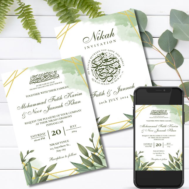 Greenery Gold White Muslim Wedding Nikah Invitation (Creator Uploaded)