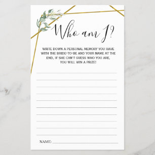 Greenery Gold Who am I? Bridal Shower game card Flyer