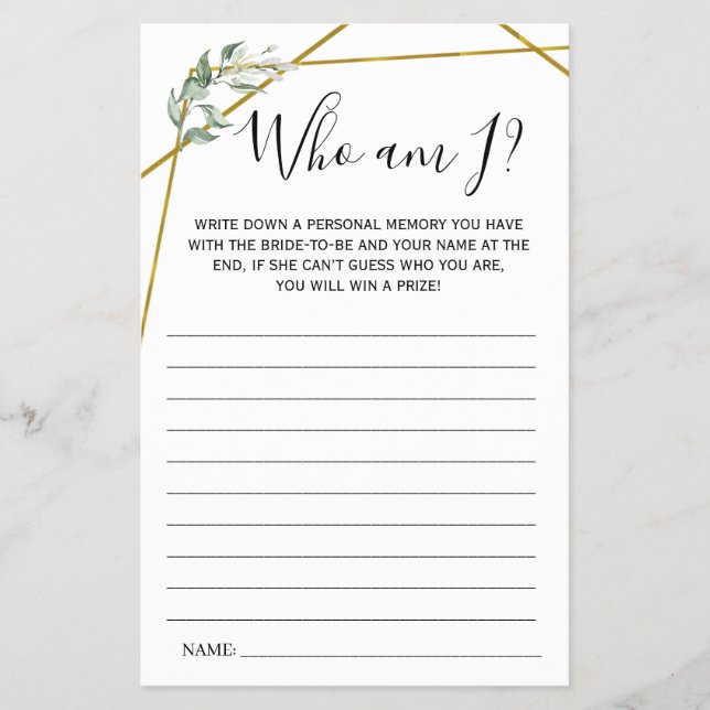 Greenery Gold Who am I? Bridal Shower game card Flyer (Front)