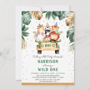 Greenery Gold Wild One Safari Animals 1st Bithday Invitation