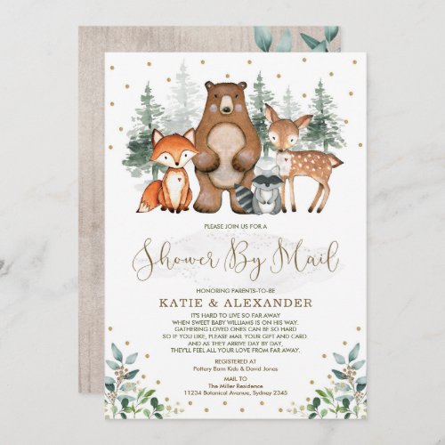 Greenery Gold Woodland Animals Baby Shower By Mail Invitation