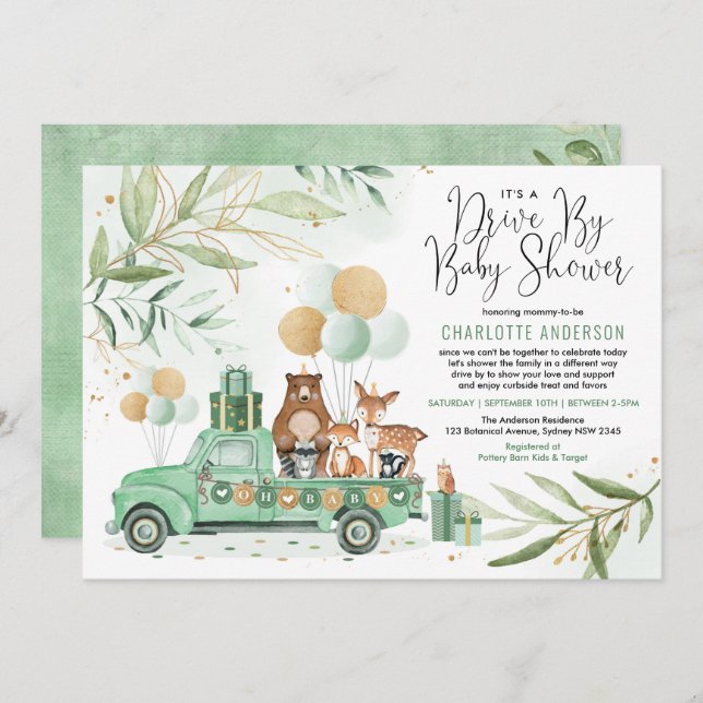 Greenery Gold Woodland Drive Through Baby Shower Invitation (Front/Back)