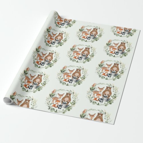 Greenery Gold Woodland Forest Baby Animals Wrapping Paper