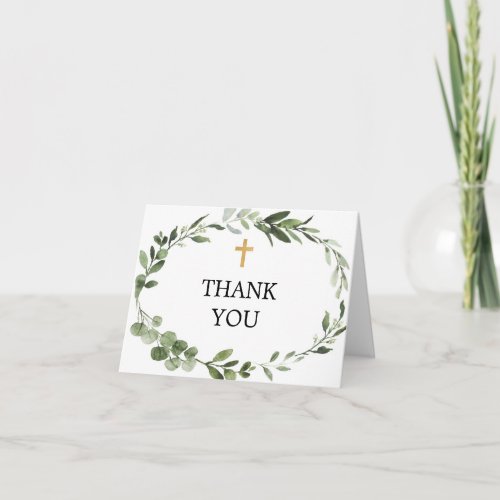 Greenery gold wreath baptism first communion cross thank you card