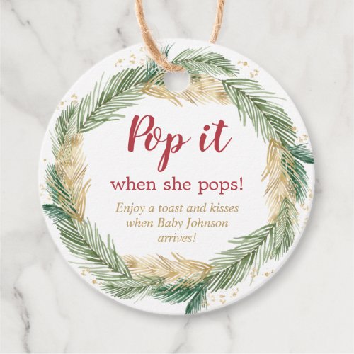 Greenery gold wreath Pop it when she pops Favor Tags