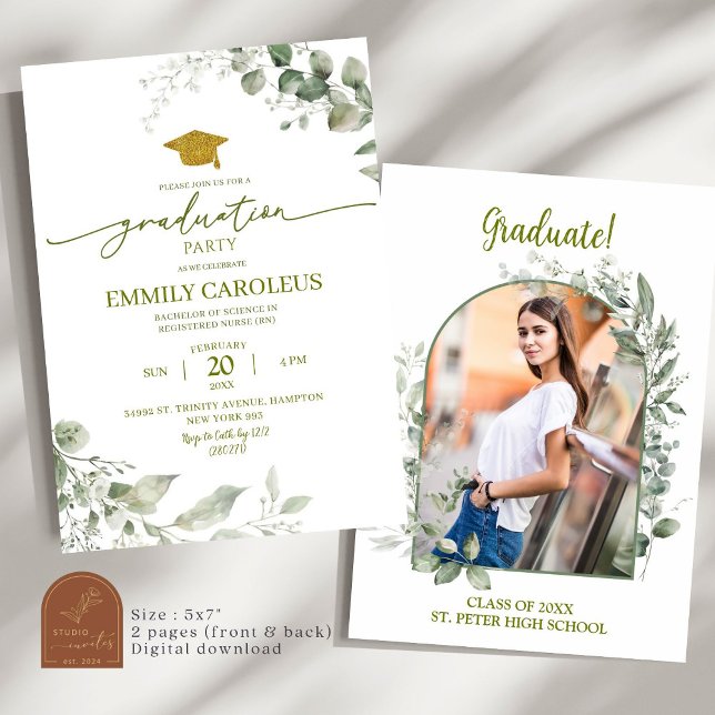 Greenery Graduation Invitation With Photo (Creator Uploaded)