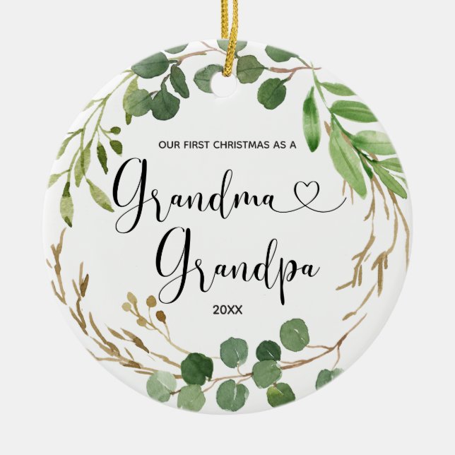 Greenery Grandma & Grandpa First Christmas Ceramic Ornament (Front)