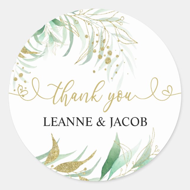 Greenery Green and Gold Elegant Personalized Classic Round Sticker (Front)