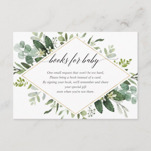 Greenery green and gold foliage book request enclosure card (Front)