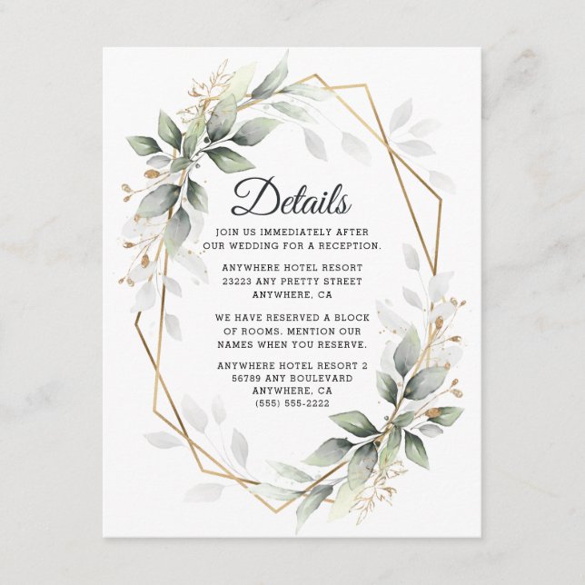 Greenery Green and Gold Geometric Rustic Wedding Enclosure Card (Front)