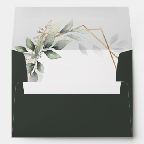 Greenery Green and Gold Geometric Rustic Wedding Envelope - Design features watercolor airy mixed greenery foliage and branches in various shades of green with printed gold design leaf elements over a gold colored geometric frame on the interior with a dark green matching exterior shade with a white return address.