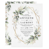 Greenery Green and Gold Geometric Rustic Wedding Invitation